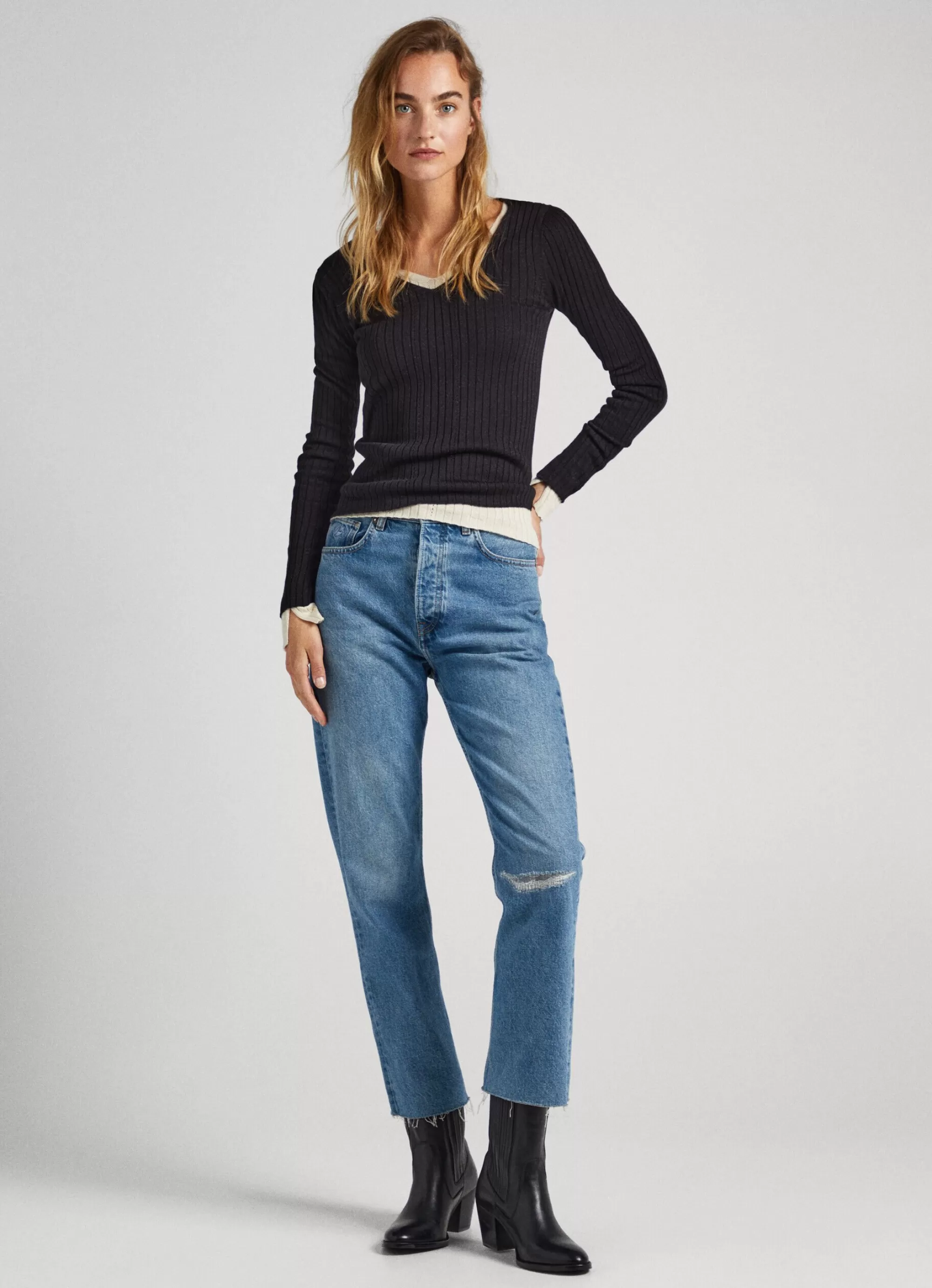Mulher Pepe Jeans Malhas>Camisola Canelada Com Decote Em V