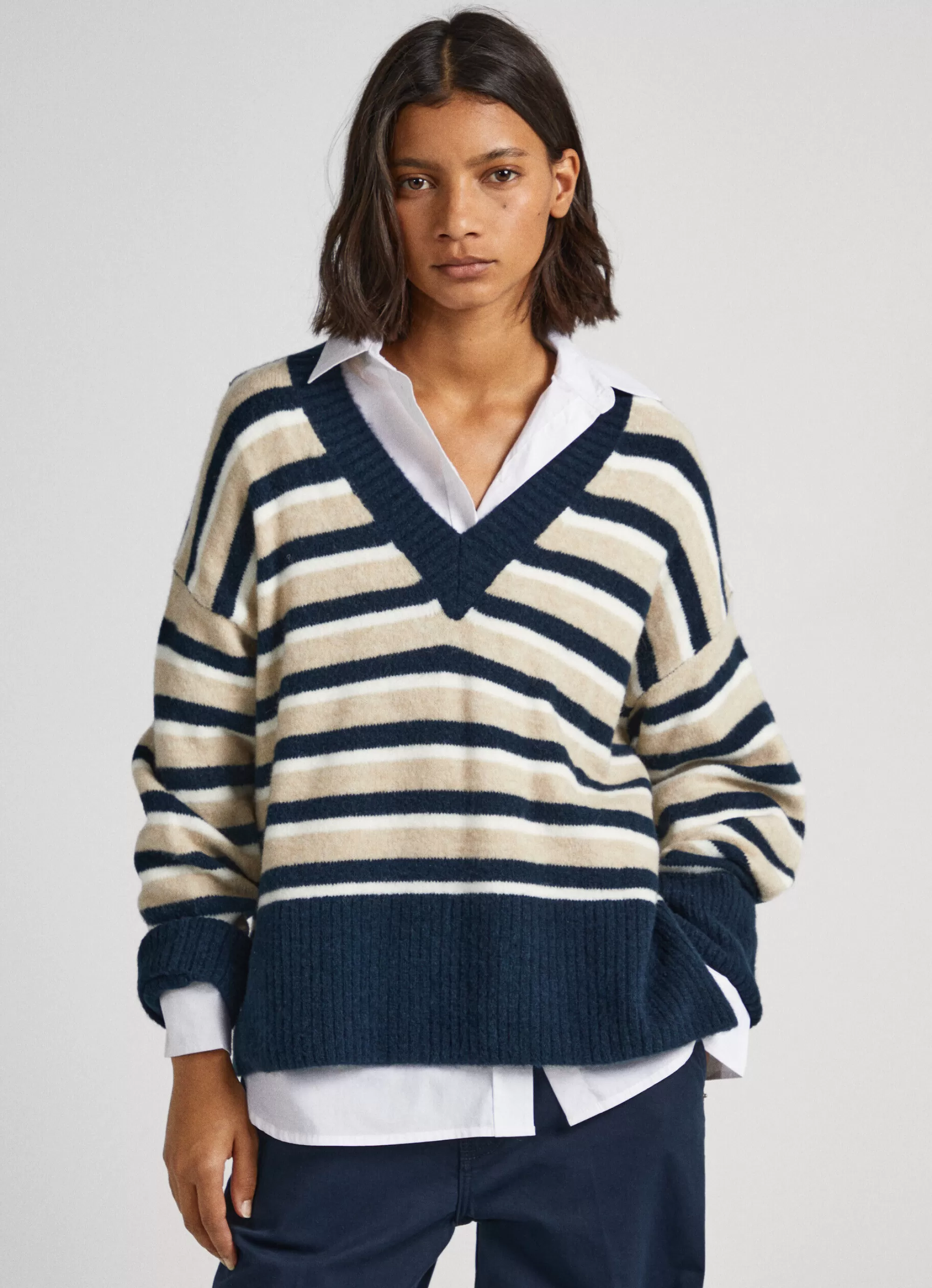 Mulher Pepe Jeans Malhas E Cardigans>Camisola Decote Em V As Riscas