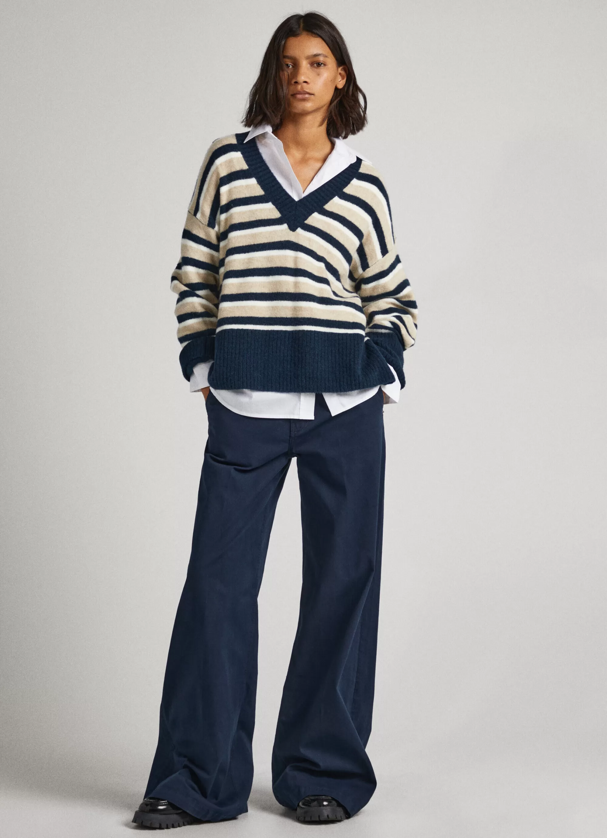 Mulher Pepe Jeans Malhas E Cardigans>Camisola Decote Em V As Riscas
