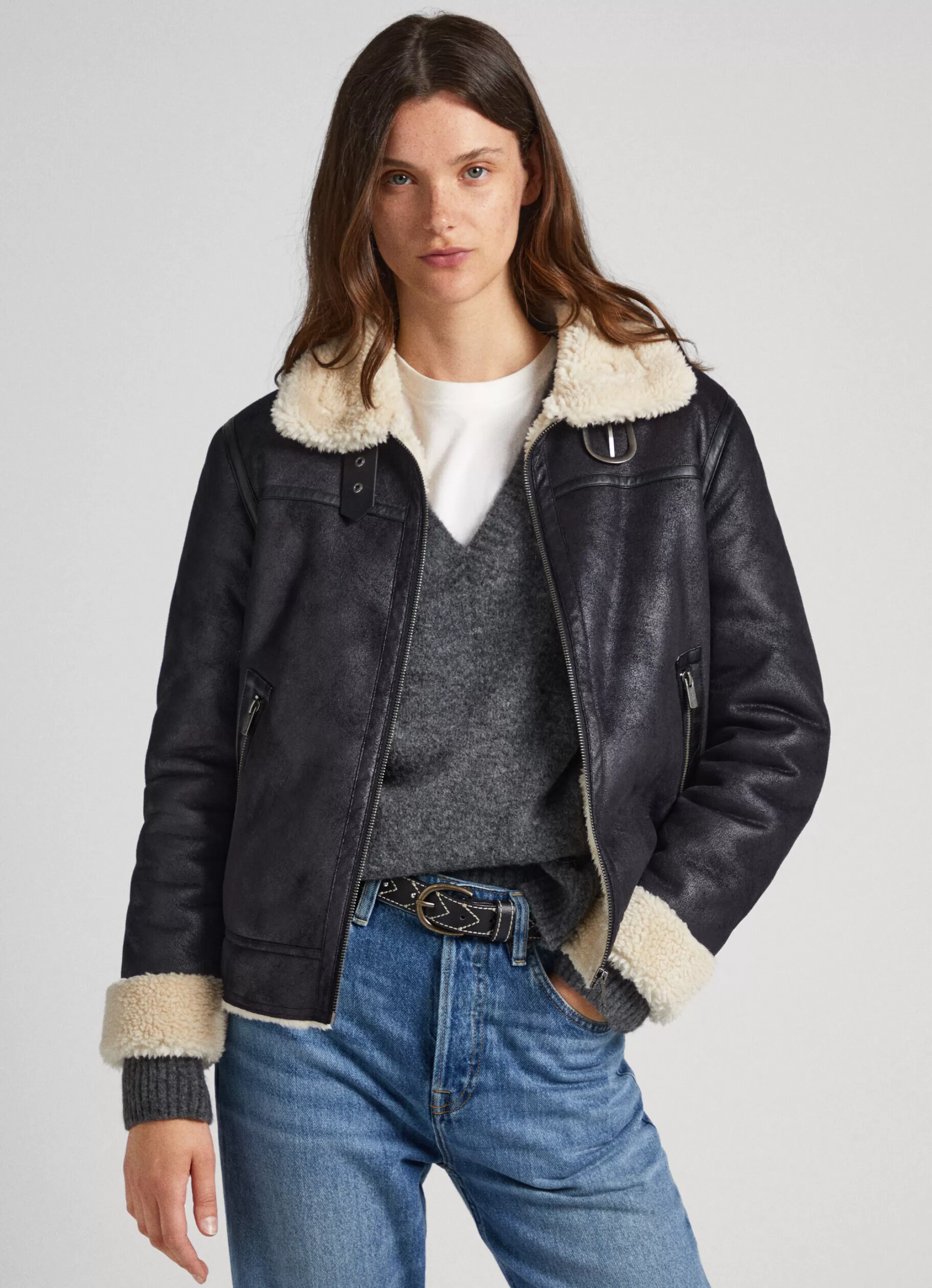 Mulher Pepe Jeans Casaco E Jaquetas>Casaco Biker Com Forro Borrego