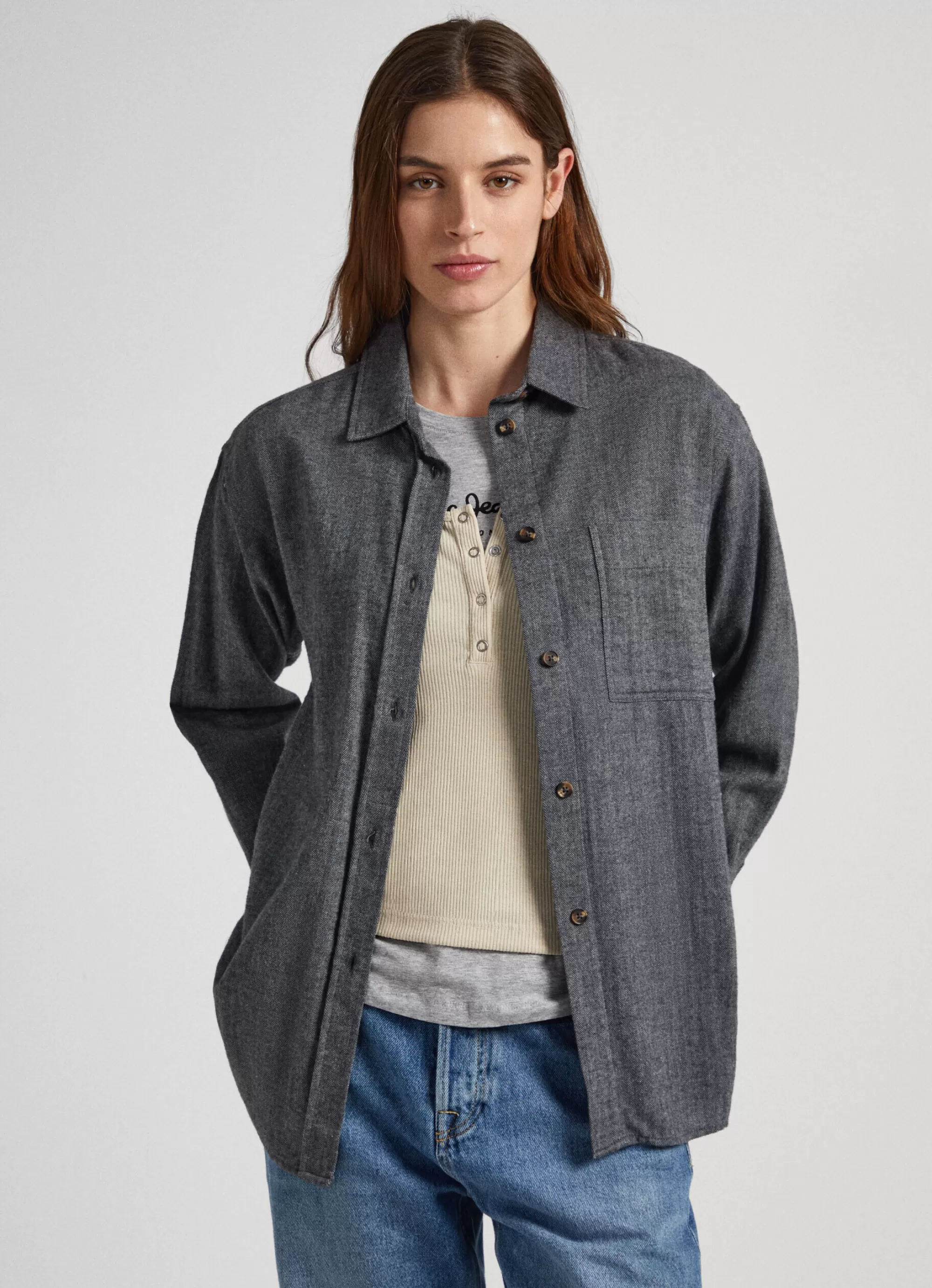 Mulher Pepe Jeans Camisas E Blusas>Sobrecamisa Algodao Espinha De Peixe